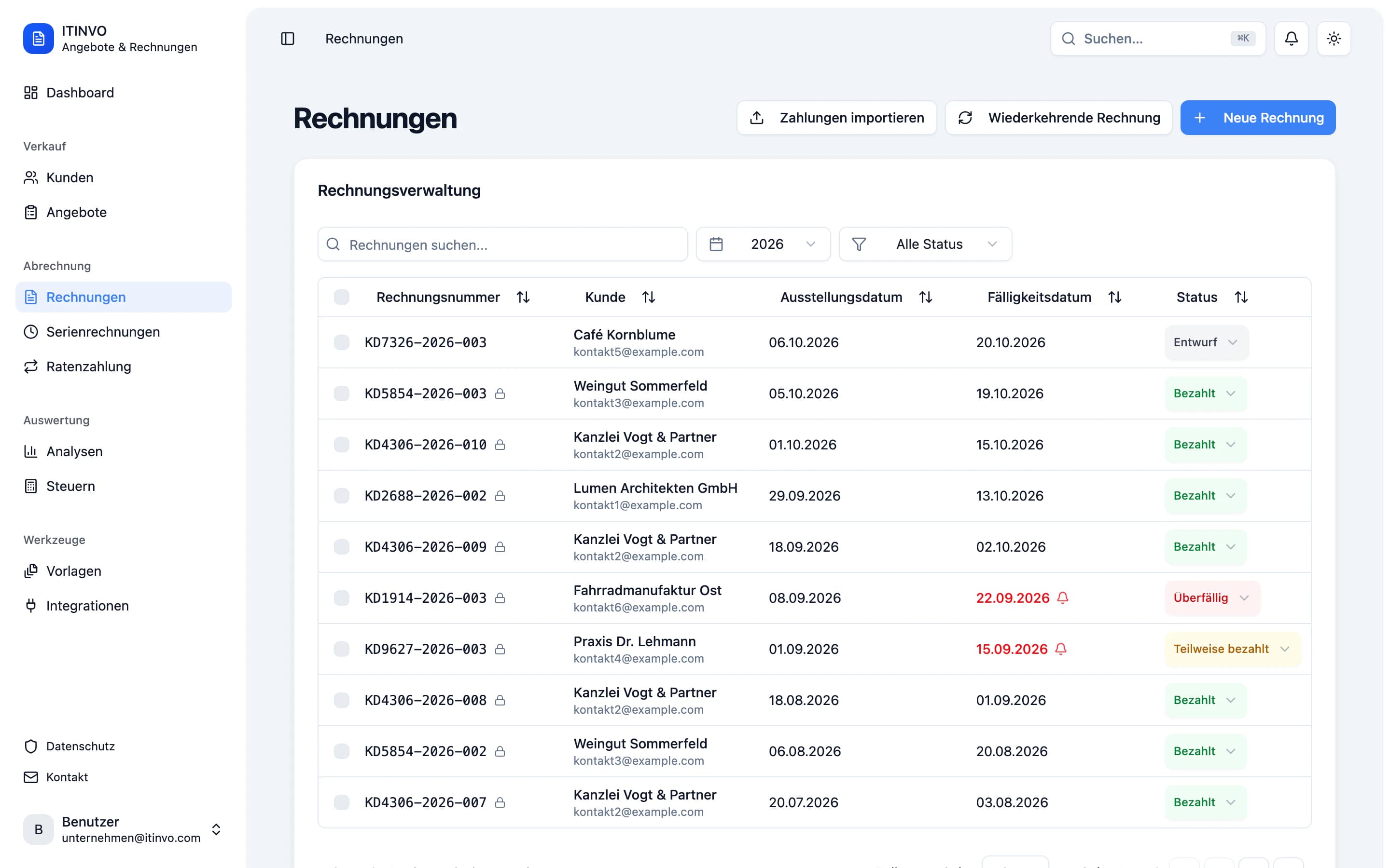 Rechnungsliste mit Status wie Versendet, Bezahlt und Überfällig