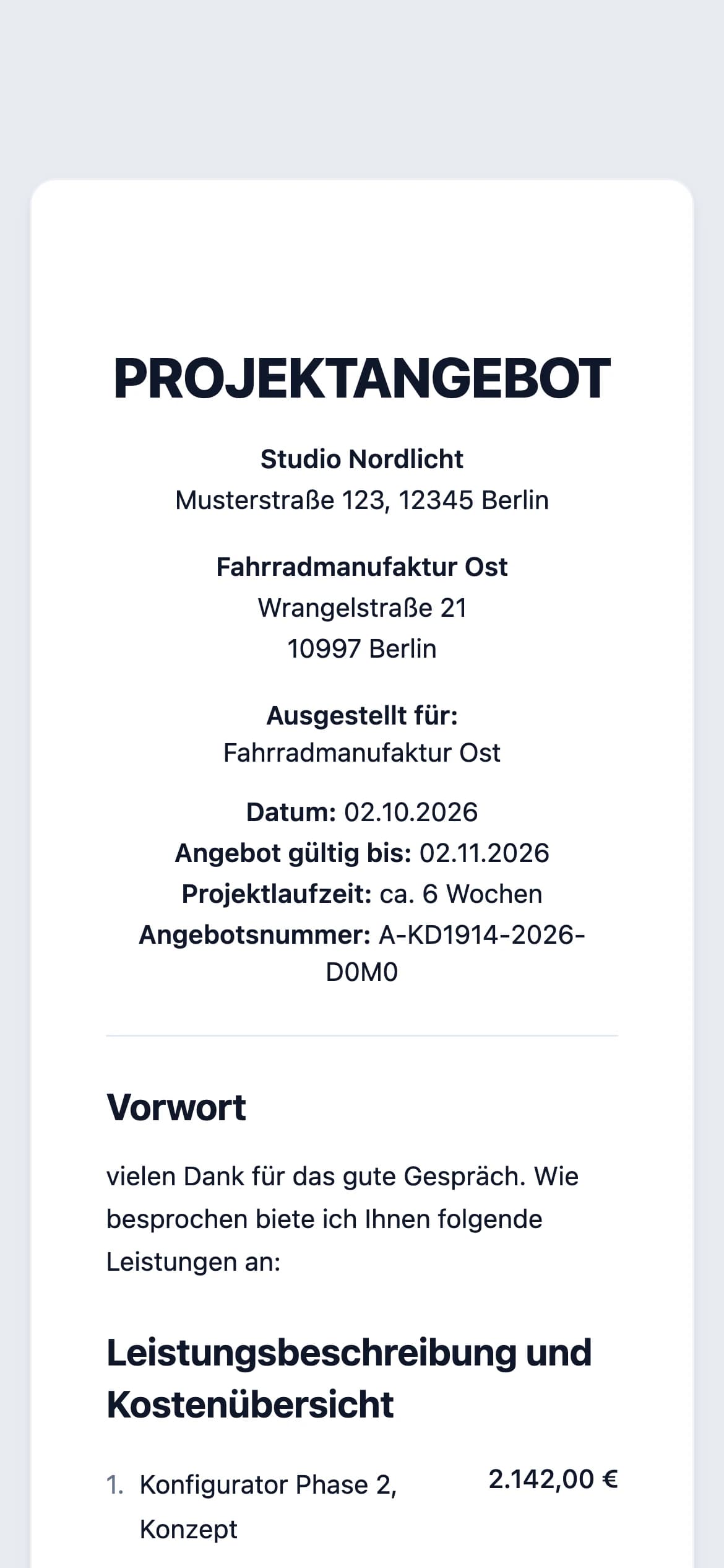 Angebot, wie es der Kunde am Handy sieht